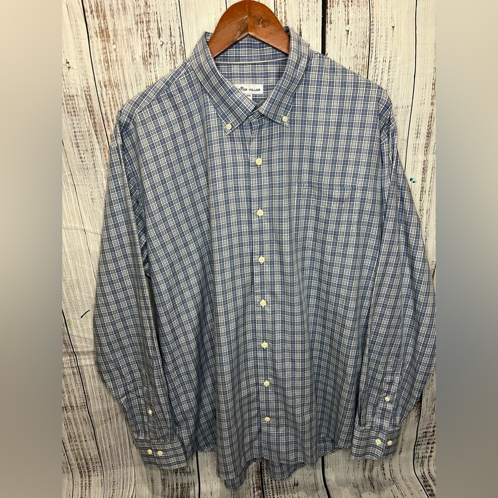 Peter Millar Blue Plaid Button Up Long Sleeve Shirt Size 2XL